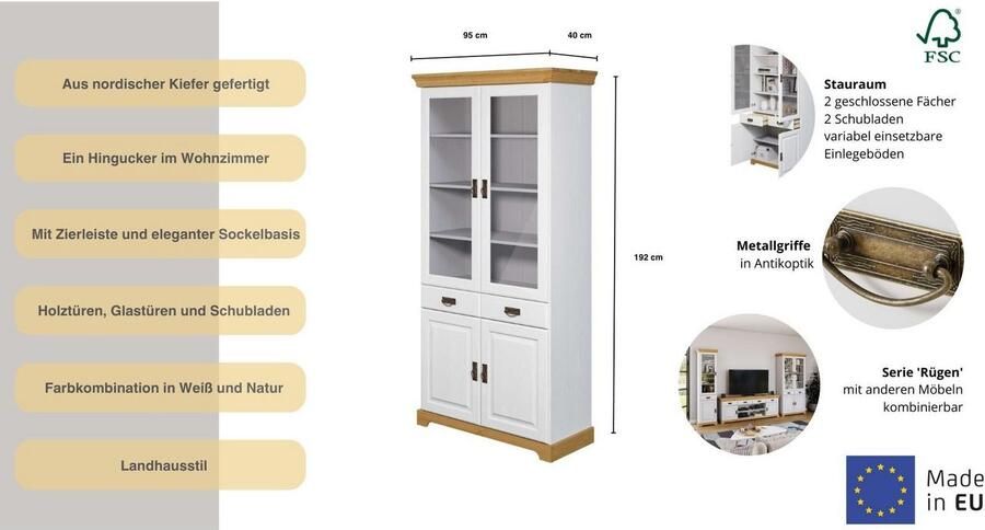 Home affaire Vitrinekast Rügen gecertificeerd massief hout hoogte 192 cm in landhuisstijl - Foto 7