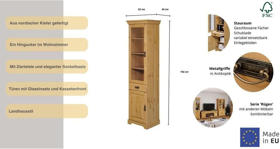 Home affaire Vitrinekast Rügen gecertificeerd massief hout hoogte 192 cm in landhuisstijl - Foto 3