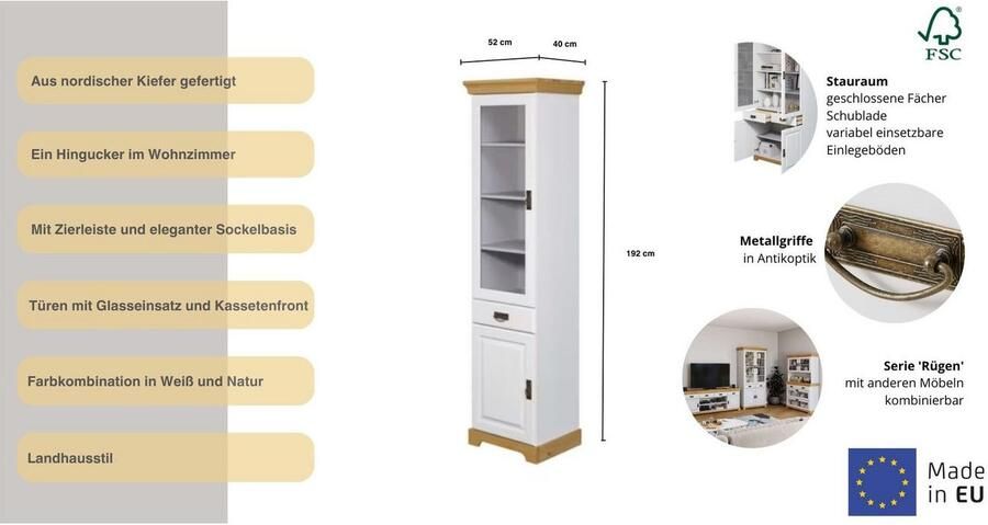 Home affaire Vitrinekast Rügen gecertificeerd massief hout hoogte 192 cm in landhuisstijl - Foto 5