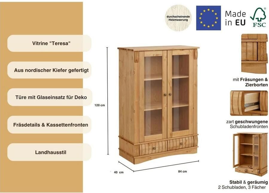 Home affaire Vitrinekast Teresa Highboard mit Glastüren met 2 glazen deuren en 2 lades hoogte 120 cm van massief hout - Foto 4