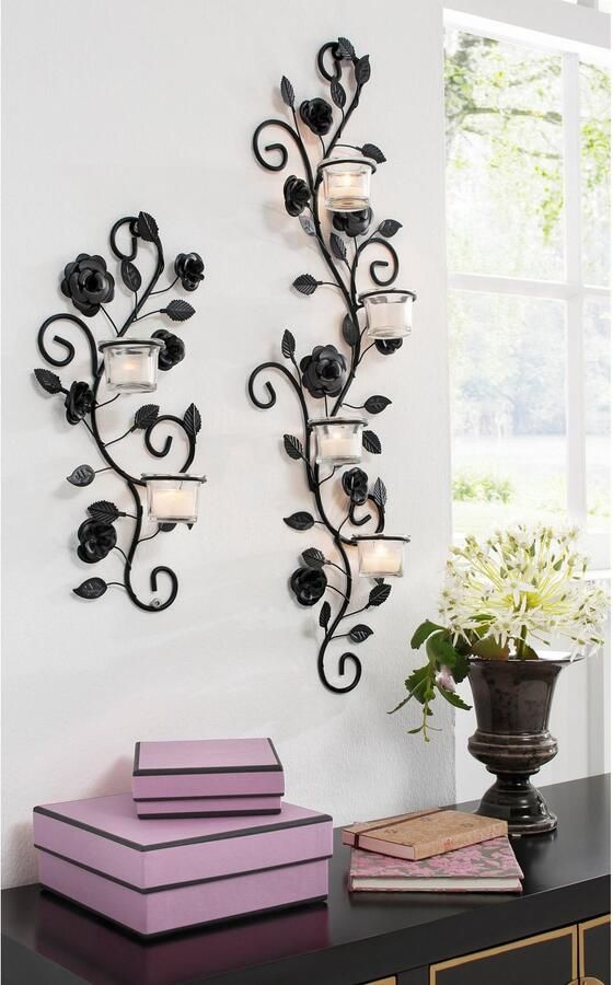 Home affaire Wandkaarsenhouder Bloemenrank zwart Landhuis metaal glas zwart antiek - Foto 4