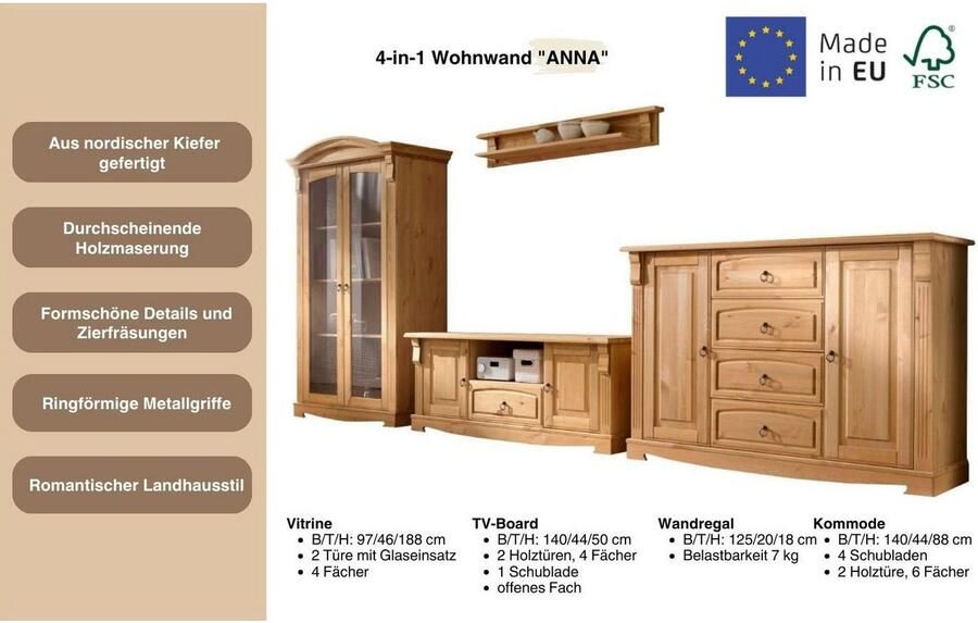 Home affaire Wandmeubel ANNA van massief dennenhout fsc in romantische landelijke stijl (set 4-delig) - Foto 4