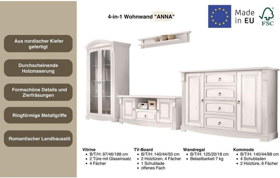 Home affaire Wandmeubel ANNA van massief dennenhout fsc in romantische landelijke stijl (set 4-delig) - Foto 4