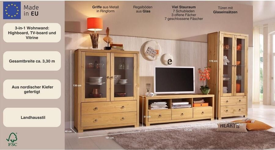 Home affaire Wandmeubel Gotland bestaand uit 1 highboard 1 tv-meubel en 1 vitrinekast (set 3-delig)