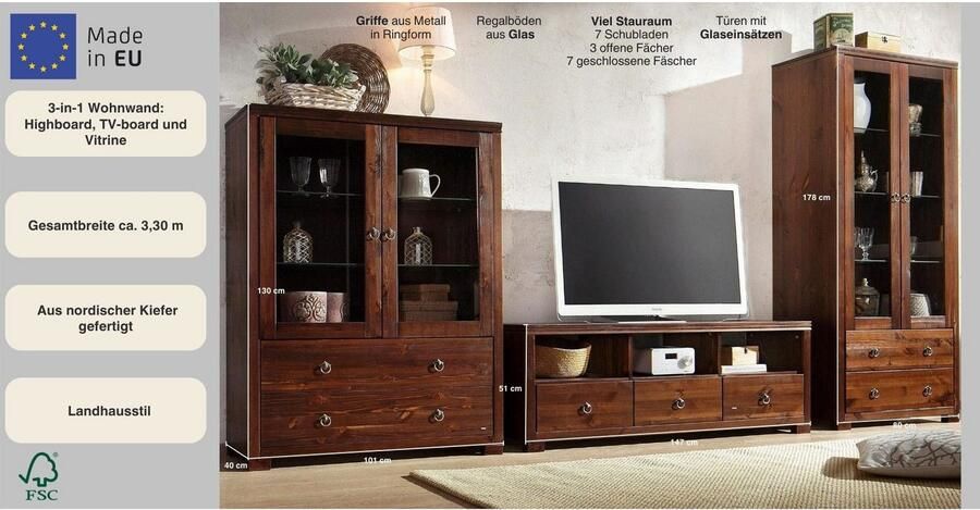 Home affaire Wandmeubel Gotland bestaand uit 1 highboard 1 tv-meubel en 1 vitrinekast (set 3-delig)