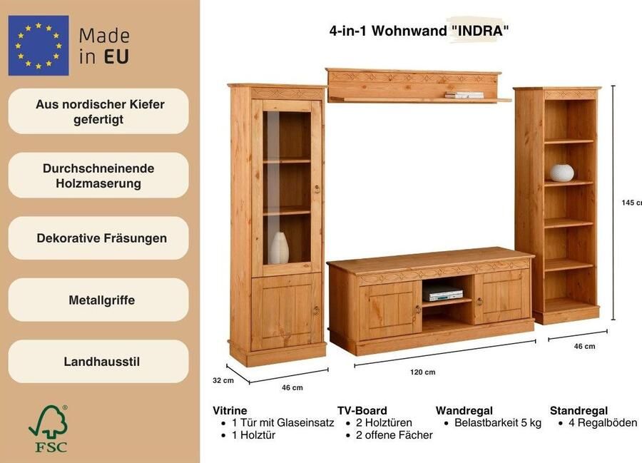 Home affaire Wandmeubel Indra 4-delig set: vitrinekast lowboard wand- & staande plank massief dennenhout (set 4-delig) - Foto 6