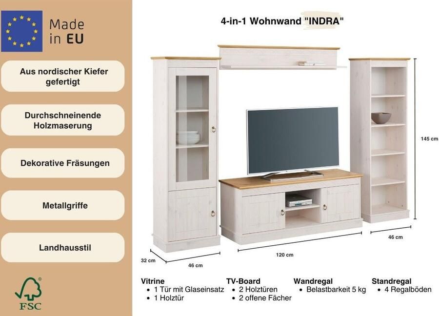 Home affaire Wandmeubel Indra 4-delig set: vitrinekast lowboard wand- & staande plank massief dennenhout (set 4-delig) - Foto 2