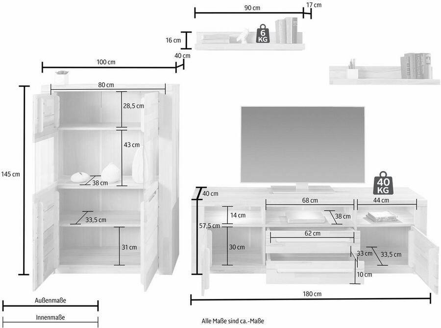 Home affaire Wandmeubel Kolding gedeeltelijk massief hout (set 4-delig)