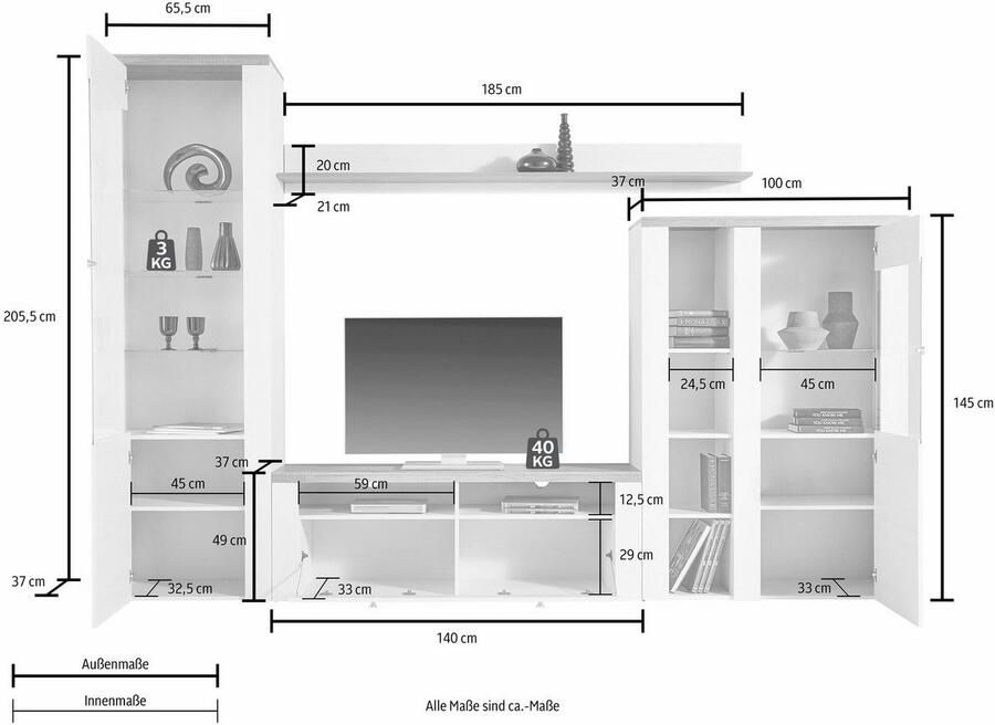 Home affaire Wandmeubel Larona aanbouwwand set van 4 delen bestaande uit 1 tv-board 1 highboard 1 vitrine 1 wandplank (set 4 stuks) - Foto 2