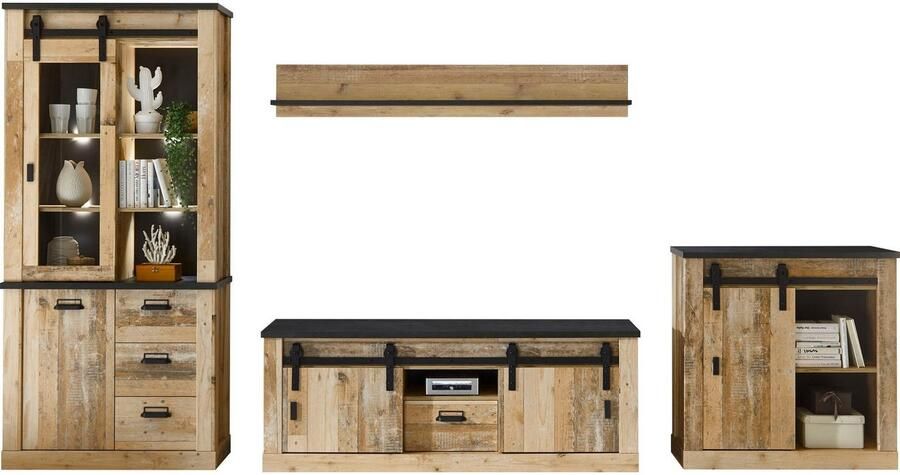Home affaire Wandmeubel Sherwood met schuurdeurbeslag apothekersgrepen van metaal breedte ca. 388 cm (4 stuks) - Foto 10