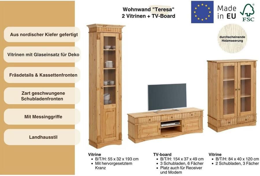 Home affaire Wandmeubel Teresa bestaand uit 1 vitrinekast klein 1 vitrinekast groot 1 tv-meubel (set 3-delig) - Foto 4