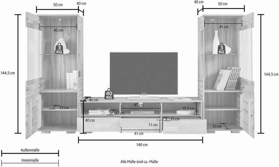 Home affaire Wandmeubel Vetro fronten massief hout lichaam houtvezelplaat gripgaten Vloeren gedeeltelijk verplaatsbaar kabeldoorvoer bij TV gedeelte (set 3 stuks) - Foto 5