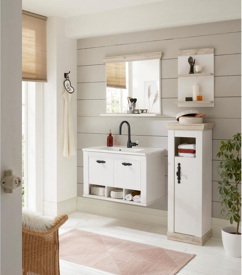 Home affaire Badkamerserie Florenz badkamer in landhuisstijl 4-delig badkamer Hangwastafel kast wandplank en spiegel in grenen wit (4-delig) - Foto 3