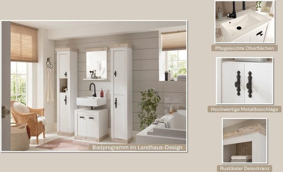 Home affaire Badkamerserie Florenz badkamer in landhuisstijl 4-delig badkamer Onderkast kast wandrek en spiegel in dennen wit opbergruimte (4-delig) - Foto 11