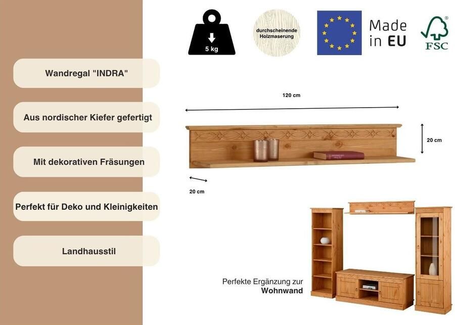 Home affaire Wandplank Indra van massief grenen 120 cm breed