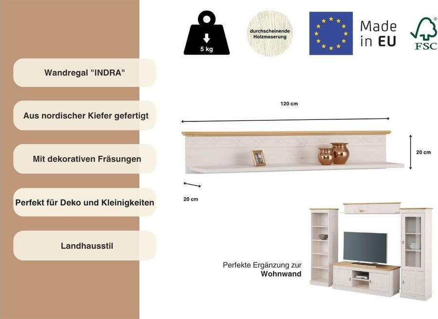 Home affaire Wandplank Indra van massief grenen 120 cm breed