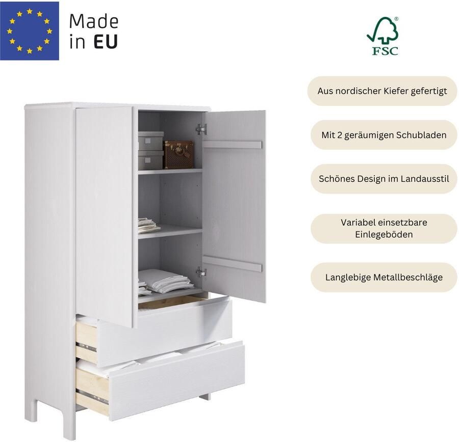 Home affaire Waskast Luven van massief grenen hoogte 137 cm met 2 laden en 2 deuren