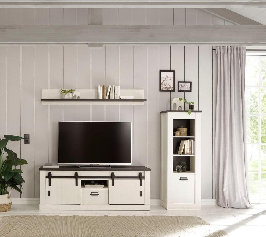 Home affaire Waskast SHERWOOD hoge kast commode in moderne houtlook met metalen apothekers handgrepen hoogte 146 cm
