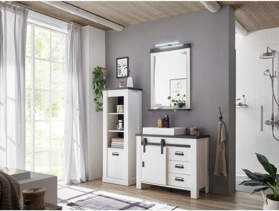 Home affaire Waskast SHERWOOD hoge kast commode in moderne houtlook met metalen apothekers handgrepen hoogte 146 cm - Foto 2