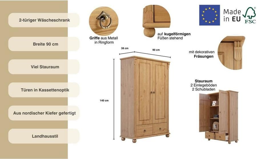Home affaire Waskast TESSIN van massief dennenhout in 2 breedtes veel opbergruimte fsc-gecertificeerd - Foto 7