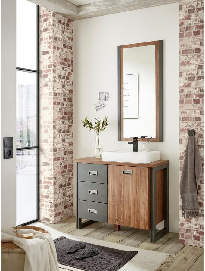 Home affaire Wastafelonderkast Detroit onderkast met apothekershandgreep badkamerkast industriële stijl Eiken decor met opbergruimte incl. mineraal gegoten wastafel breedte 91 cm - Foto 5