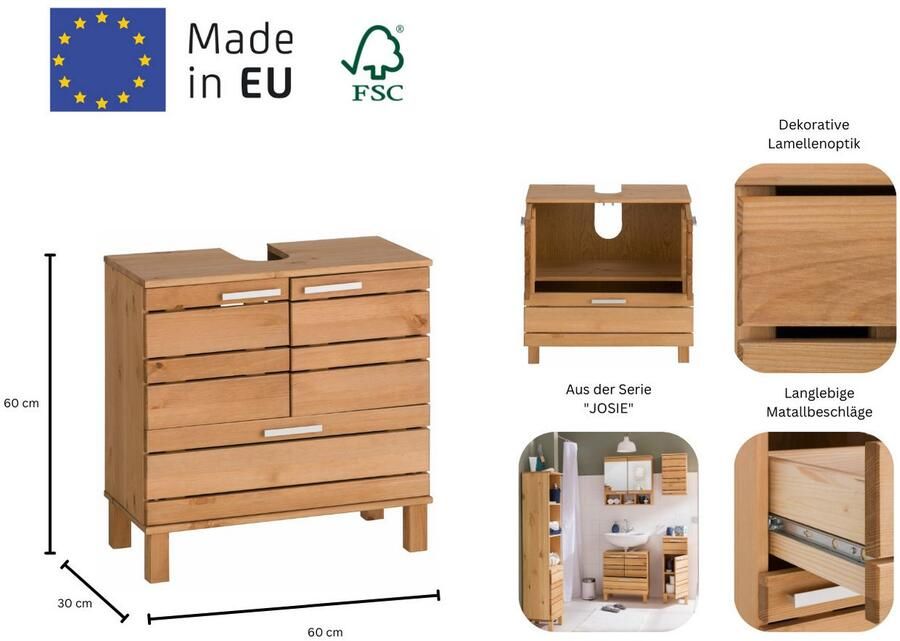 Home affaire Wastafelonderkast Josie Breedte 60 van massief hout metalen grepen 1 lade & 2 deuren - Foto 6