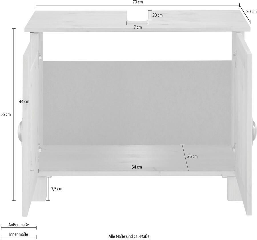Home affaire Wastafelonderkast Oslo in massief grenen met 2 deuren breedte 70 cm hoogte 55 cm