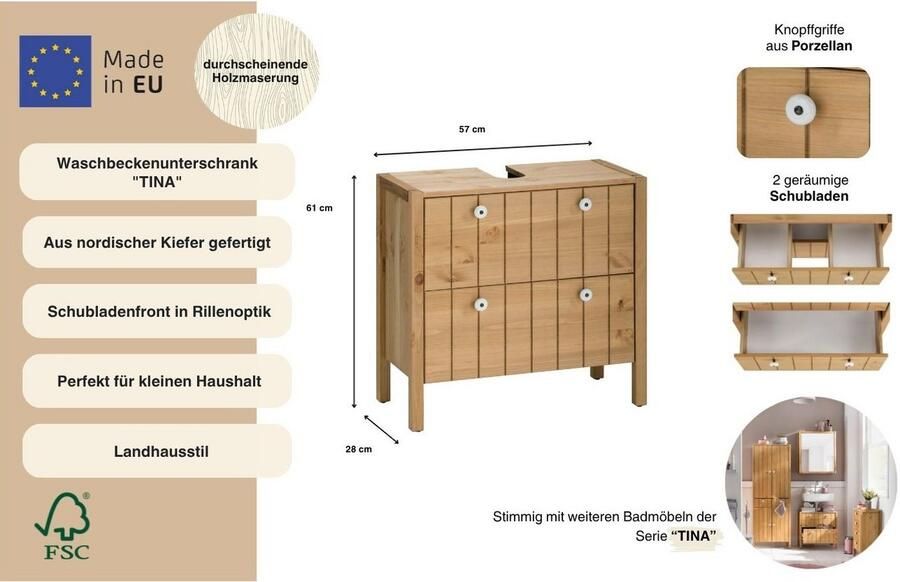 Home affaire Wastafelonderkast TINA Badkamermeubel kast breedte 57 cm massief hout - Foto 6
