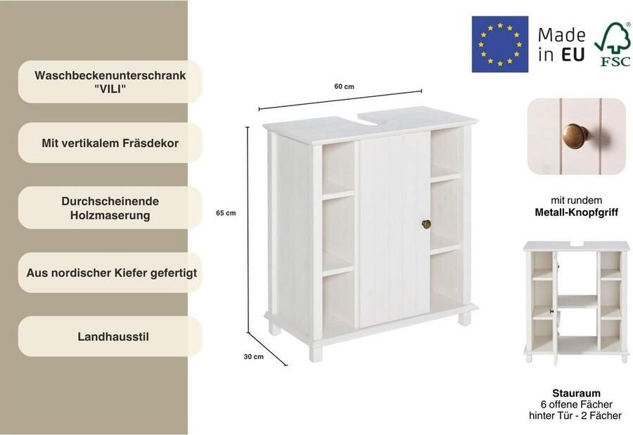 Home affaire Wastafelonderkast Vili Badkamerkast in landelijke stijl met 6 vakken van massief hout - Foto 8