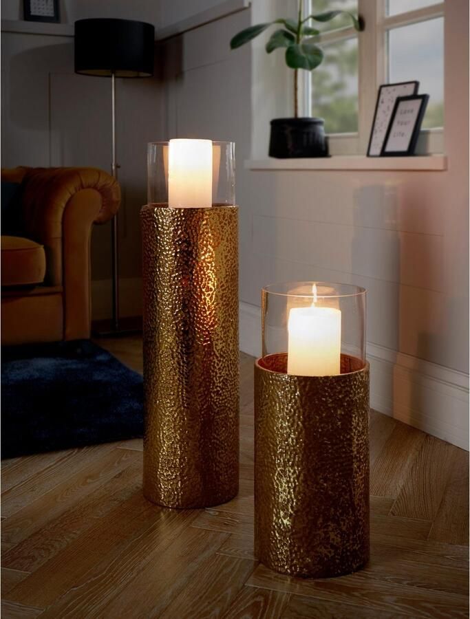 Home affaire Windlicht Staande lantaarn van metaal met glasinzet ideaal voor stompkaarsen (1 stuk) - Foto 3