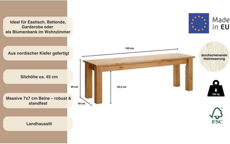 Home affaire Zitbank Breedte 120 cm van massief FSC -gecertificeerd dennenhout