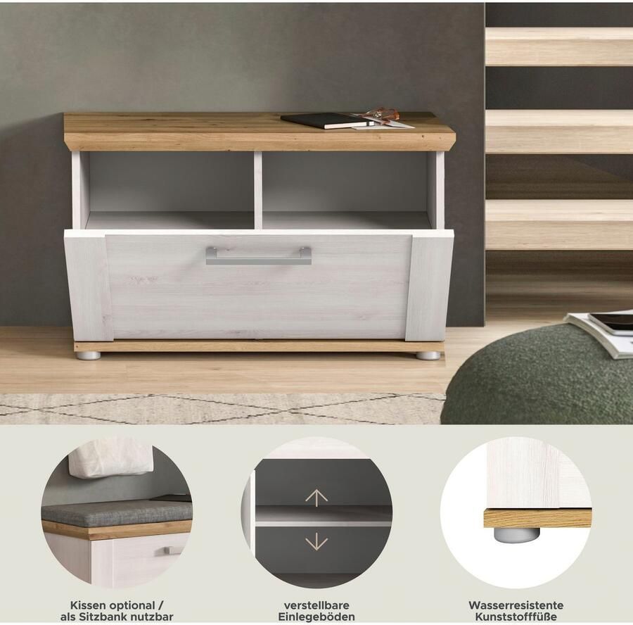Home affaire Zitbank Cosenza Breedte 80 cm 1 Deurtje 2 Planken 2-kleurig in landelijke stijl bank schoenenbank garderobenbank halbank - Foto 4