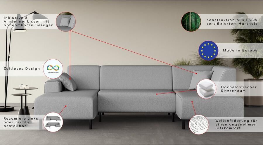 Home affaire Zithoek ARROS U-vorm met golfondersteuning afmetingen B D H: 300 163 81 cm incl. sierkussens met recamiere links rechts bestelbaar ook in cord - Foto 2
