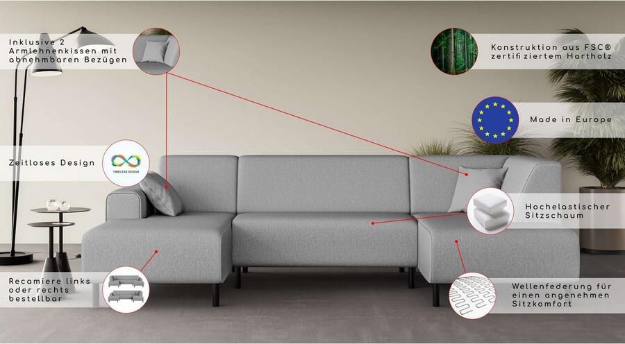 Home affaire Zithoek ARROS U-vorm met golfondersteuning afmetingen B D H: 300 163 81 cm incl. sierkussens met recamiere links rechts bestelbaar ook in cord - Foto 2