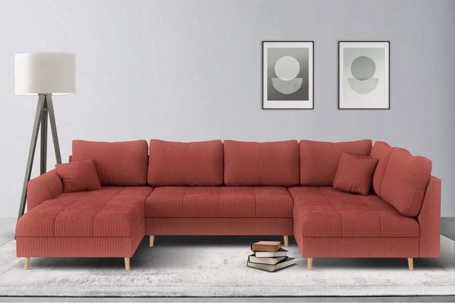 Home affaire Zithoek CHARRE U-vorm met ottomane afmetingen B D H: 310 161 81 cm fijne stiksels losse rug- en sierkussens ook in cord en bouclé