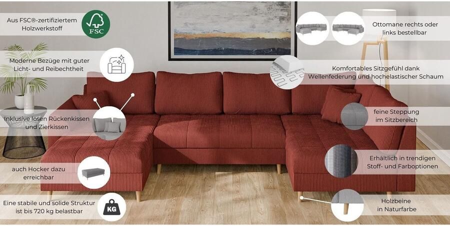 Home affaire Zithoek CHARRE U-vorm met ottomane afmetingen B D H: 310 161 81 cm fijne stiksels losse rug- en sierkussens ook in cord en bouclé - Foto 3