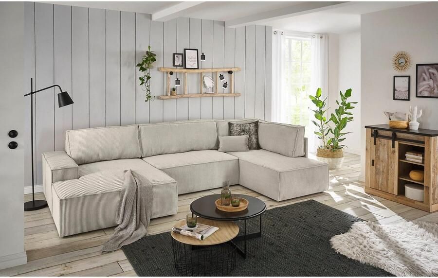 Home affaire Zithoek SHERWOOD 329 cm U-vorm slaapbank Slaapfunctie met bedkist (194x139 cm) cord vintage fluweel - Foto 8
