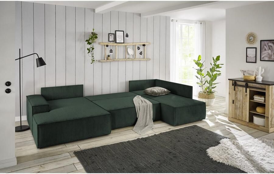 Home affaire Zithoek SHERWOOD 329 cm U-vorm slaapbank Slaapfunctie met bedkist (194x139 cm) cord vintage fluweel - Foto 8