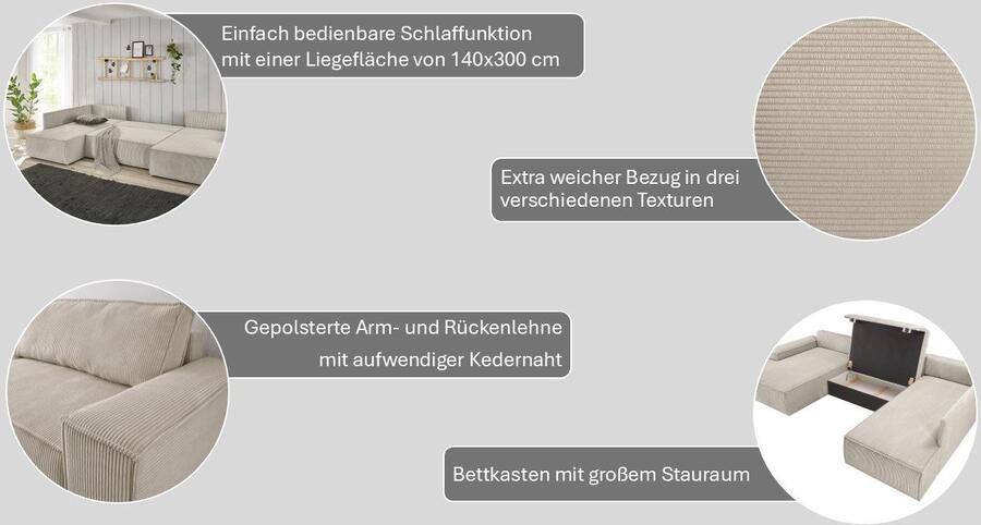 Home affaire Zithoek SHERWOOD 329 cm U-vorm slaapbank Slaapfunctie met bedkist (194x139 cm) cord vintage fluweel - Foto 10