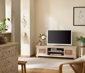 Home affaire Tv-meubel Langeness van massief mangohout met metalen handgrepen en een praktische kabelinvoer met de hand gemaakt breedte 160 cm