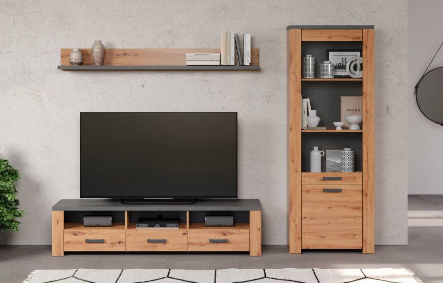 Home affaire Tv-wandmeubel Ambres Kleine moderne tv-set look van echt hout breedte ca. 268 cm mat (3-delig)