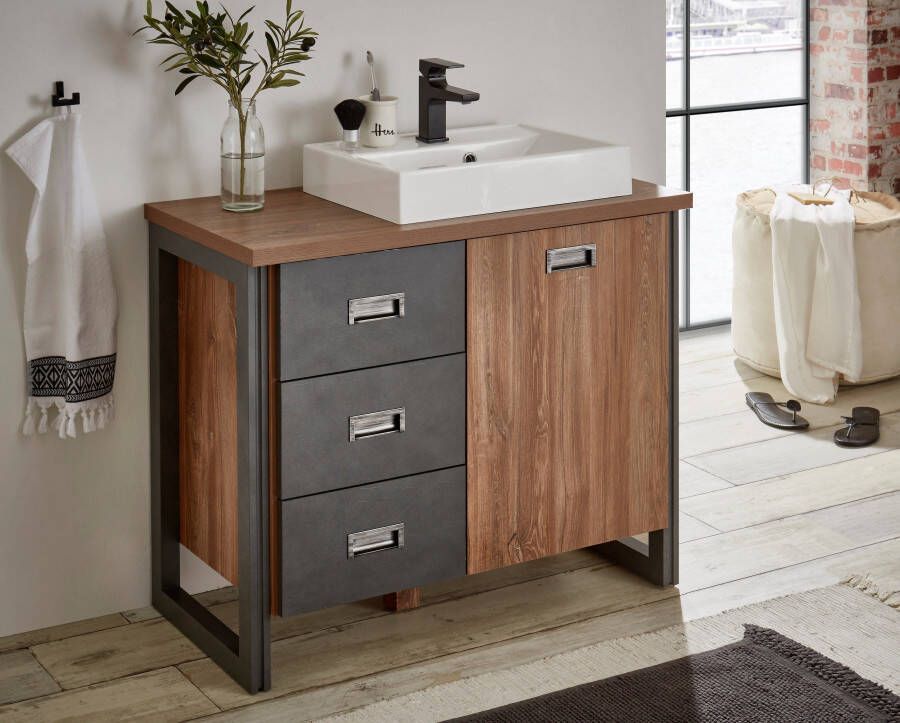 Home affaire Wastafelonderkast Detroit onderkast met apothekershandgreep badkamerkast industriële stijl Eiken decor met opbergruimte incl. mineraal gegoten wastafel breedte 91 cm - Foto 10