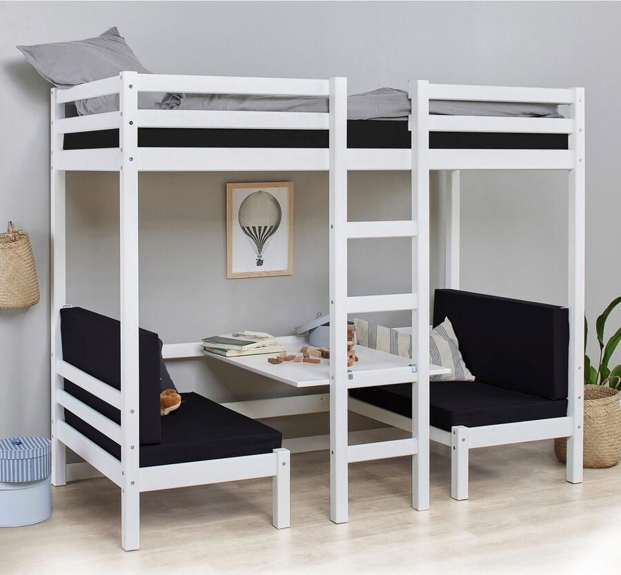 Hoppekids Hoogslaper ECO Dream JUMBO B D H 101 208 170 cm ombouwbaar tot stapelbed met zitgroep matrassen (boven en onder) in zwart massief dennenhout mdf