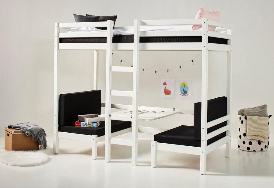 Hoppekids Hoogslaper ECO Dream JUMBO B D H 101 208 170 cm ombouwbaar tot stapelbed met zitgroep matrassen (boven en onder) in zwart massief dennenhout mdf - Foto 4