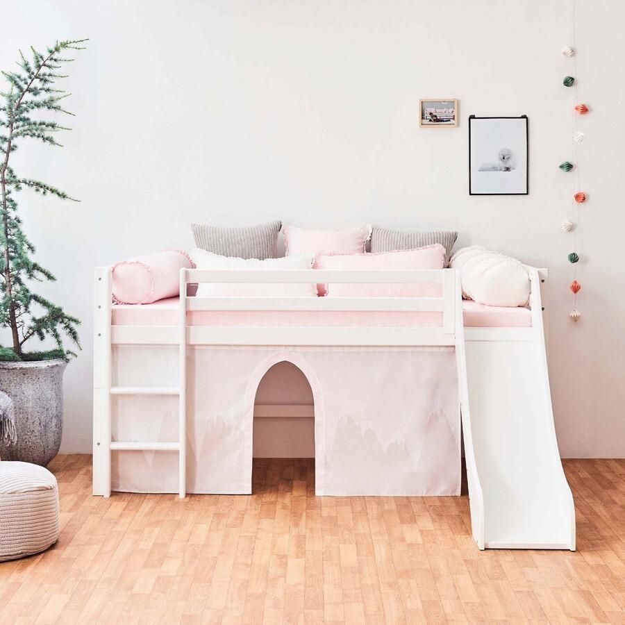 Hoppekids Hoogslaper "Winter Wonderland" 90x200 met glijbaan gordijn & matras (set 4 stuks)