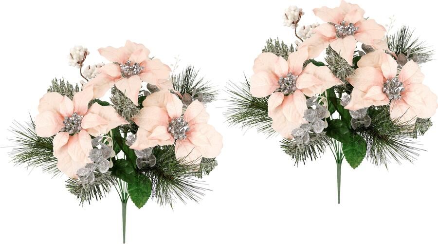 I.GE.A. Boeket kunstbloemen Boeket Poinsettia met dennen takken set van 2 eucalyptus katoen adventdecoratie kerstdecoratie kerstster (2 stuks) - Foto 2