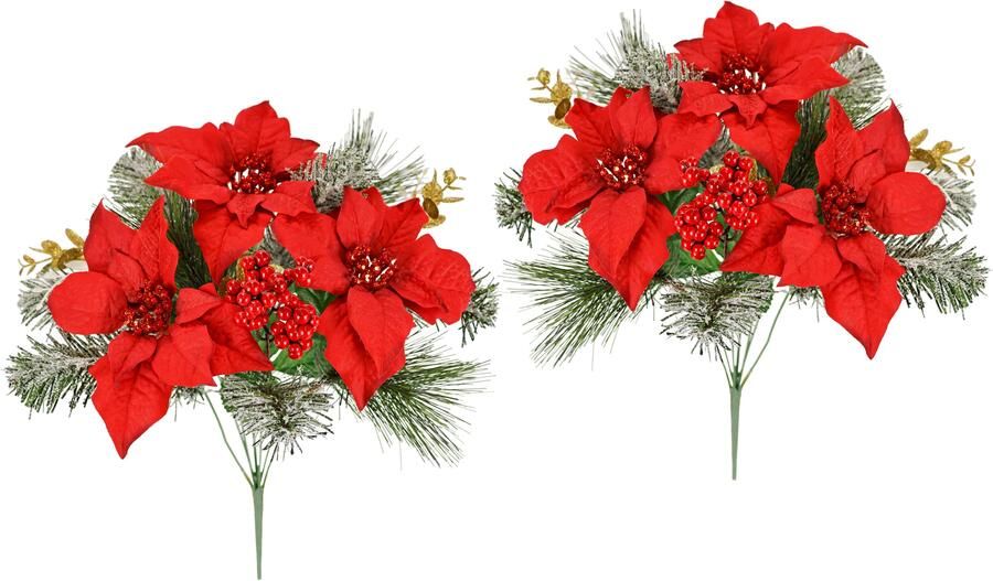 I.GE.A. Boeket kunstbloemen Boeket poinsettia bessen dennentakken set van 2 kerstbloemen kerstdecoratie adventdecoratie kerstster decor (2 stuks) - Foto 3