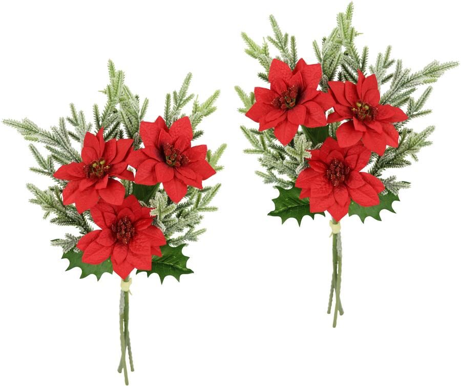 I.GE.A. Boeket kunstbloemen Boeket poinsettia dennentakken set van 2 kerstdecoratie kerstbloem boeketten decoratieve bloemen kerstster (2 stuks) - Foto 2