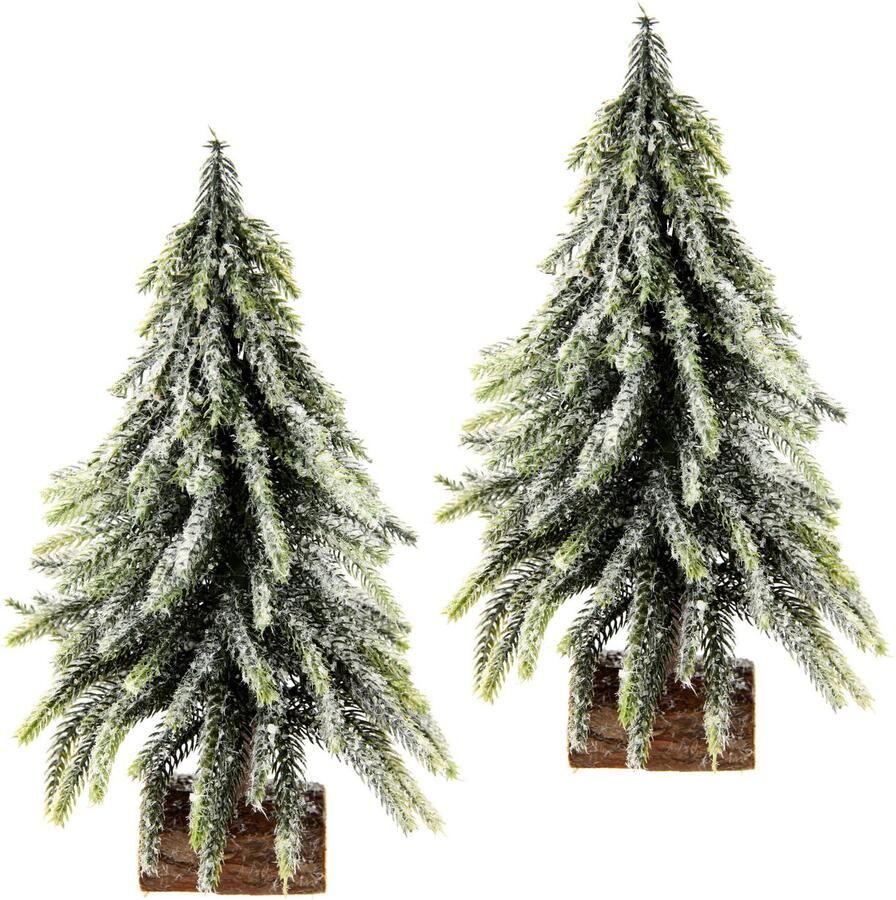 I.GE.A. Deco-boom Kerstdecoratie kerstboom Kunstmatige mini spar met ijs op houten sokkel 25 cm (set 2 stuks) - Foto 1