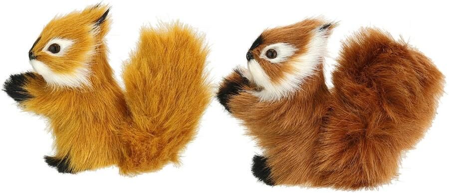 I.GE.A. Decoratief figuur Dierfiguur mini eekhoorn 2-delige set van kunstbont standbeelden ornamenten pluche dier (2 stuks)